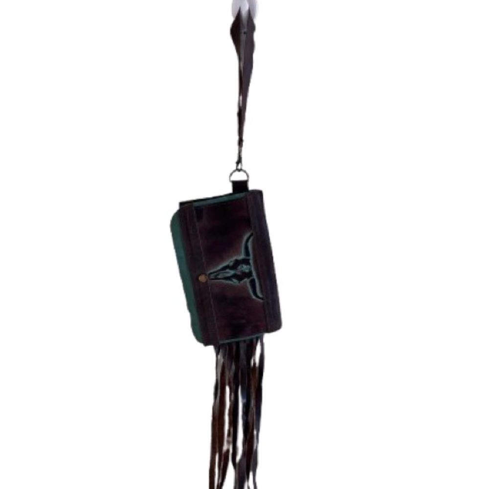 Turquoise Longhorn Leather Fringe Wristlet, Western , cowboy clutch